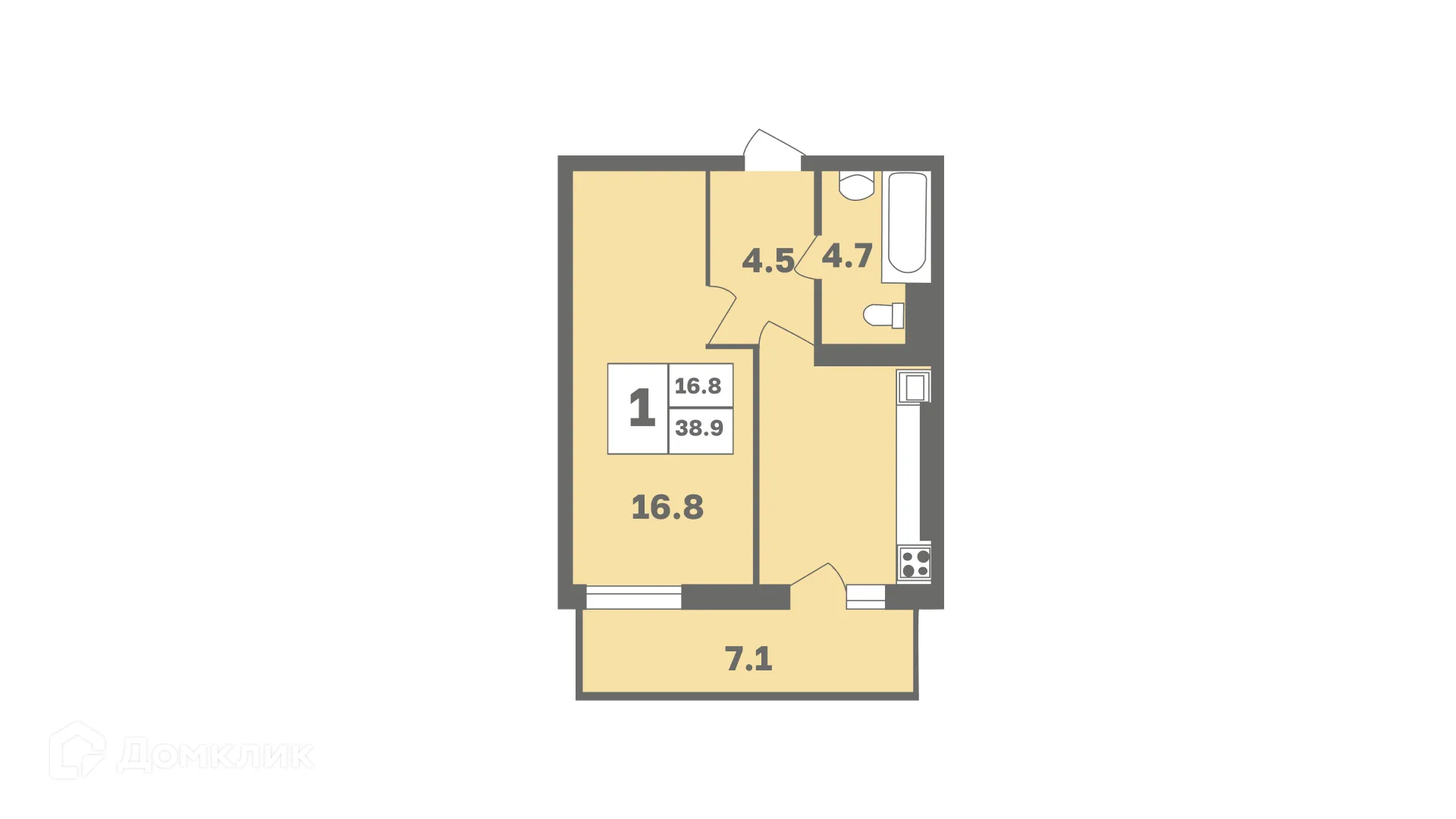 Планировка 1-комнатной квартиры 38.9 м² в ЖК Мечтателей, г. Уфа — фото 1