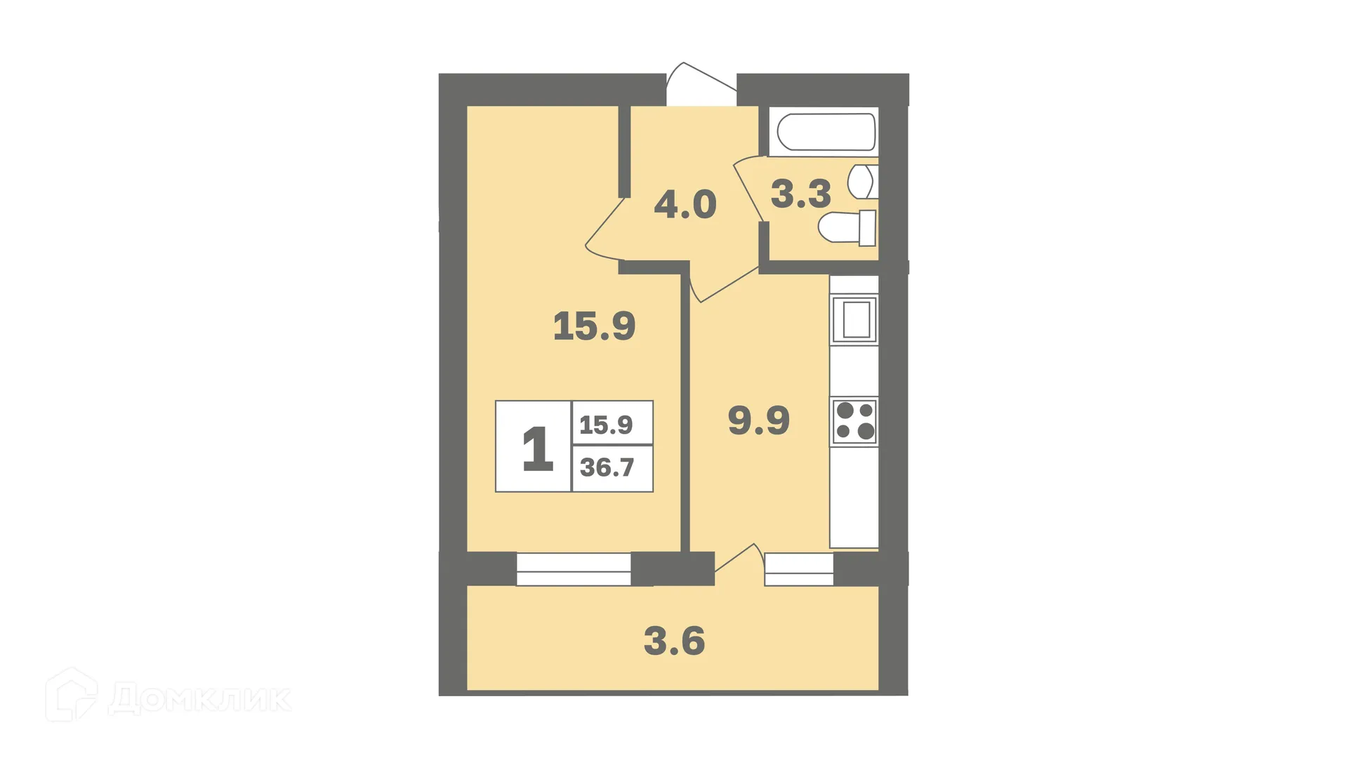 Планировка 1-комнатной квартиры 36.7 м² в ЖК Мечтателей, г. Уфа — фото 1