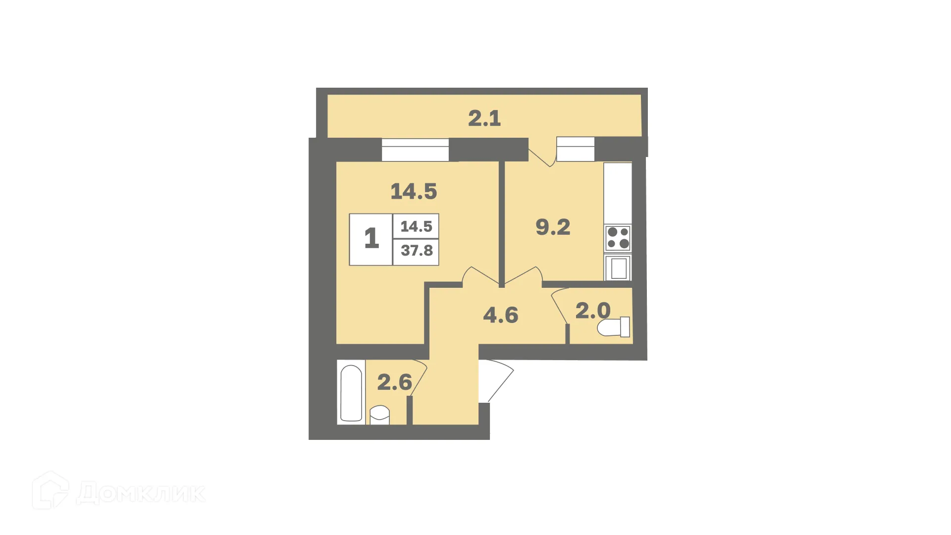 Планировка 1-комнатной квартиры 37.8 м² в ЖК Мечтателей, г. Уфа — фото 1