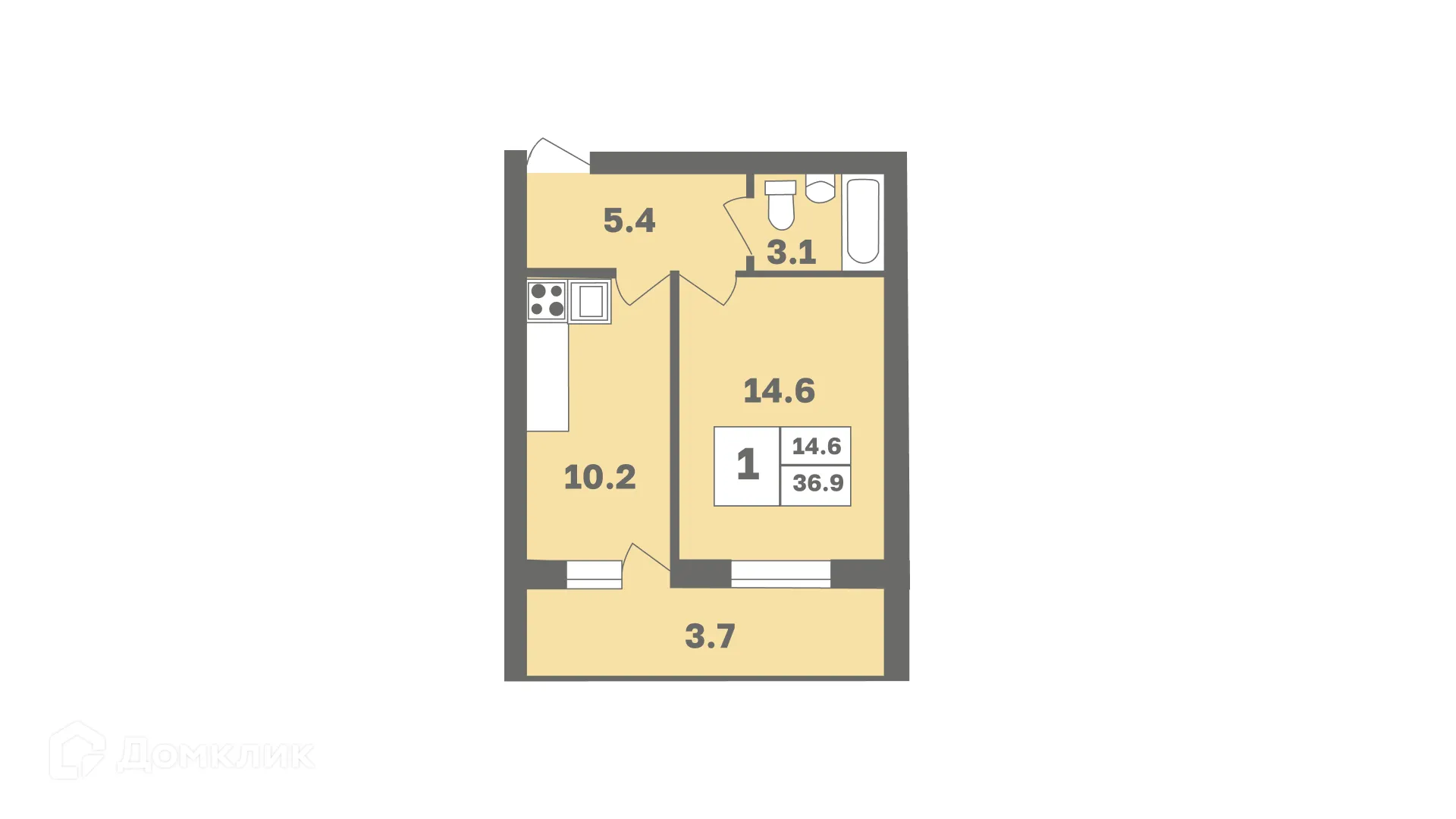 Планировка 1-комнатной квартиры 36.9 м² в ЖК Мечтателей, г. Уфа — фото 1