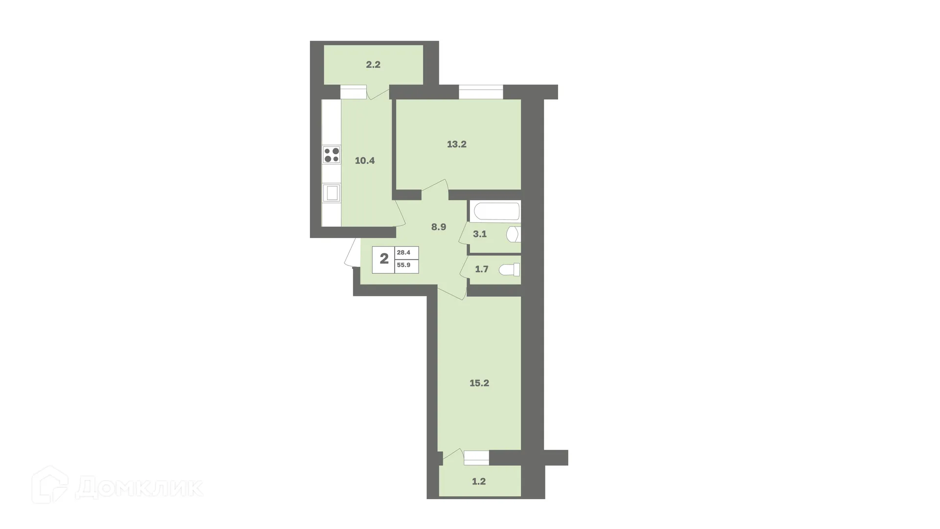 Планировка 2-комнатной квартиры 55.9 м² в ЖК Мечтателей, г. Уфа — фото 1