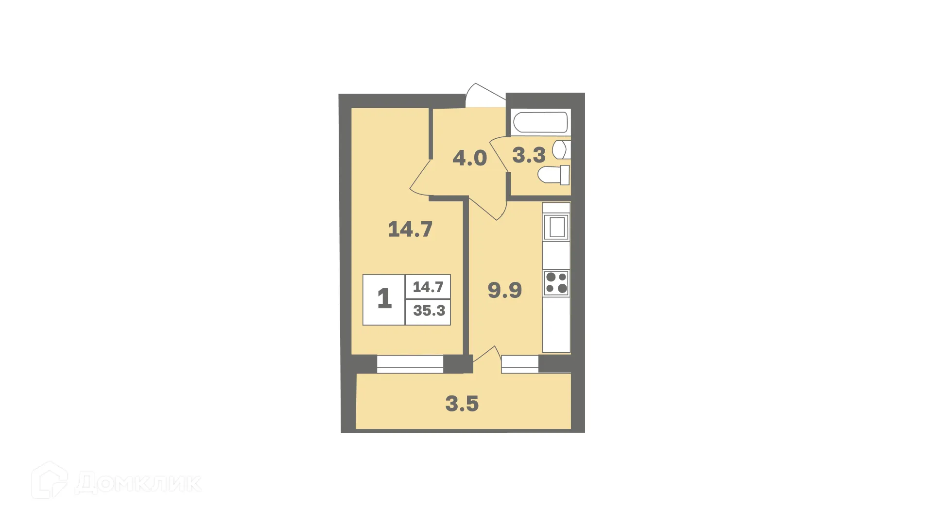 Планировка 1-комнатной квартиры 35.3 м² в ЖК Мечтателей, г. Уфа — фото 1