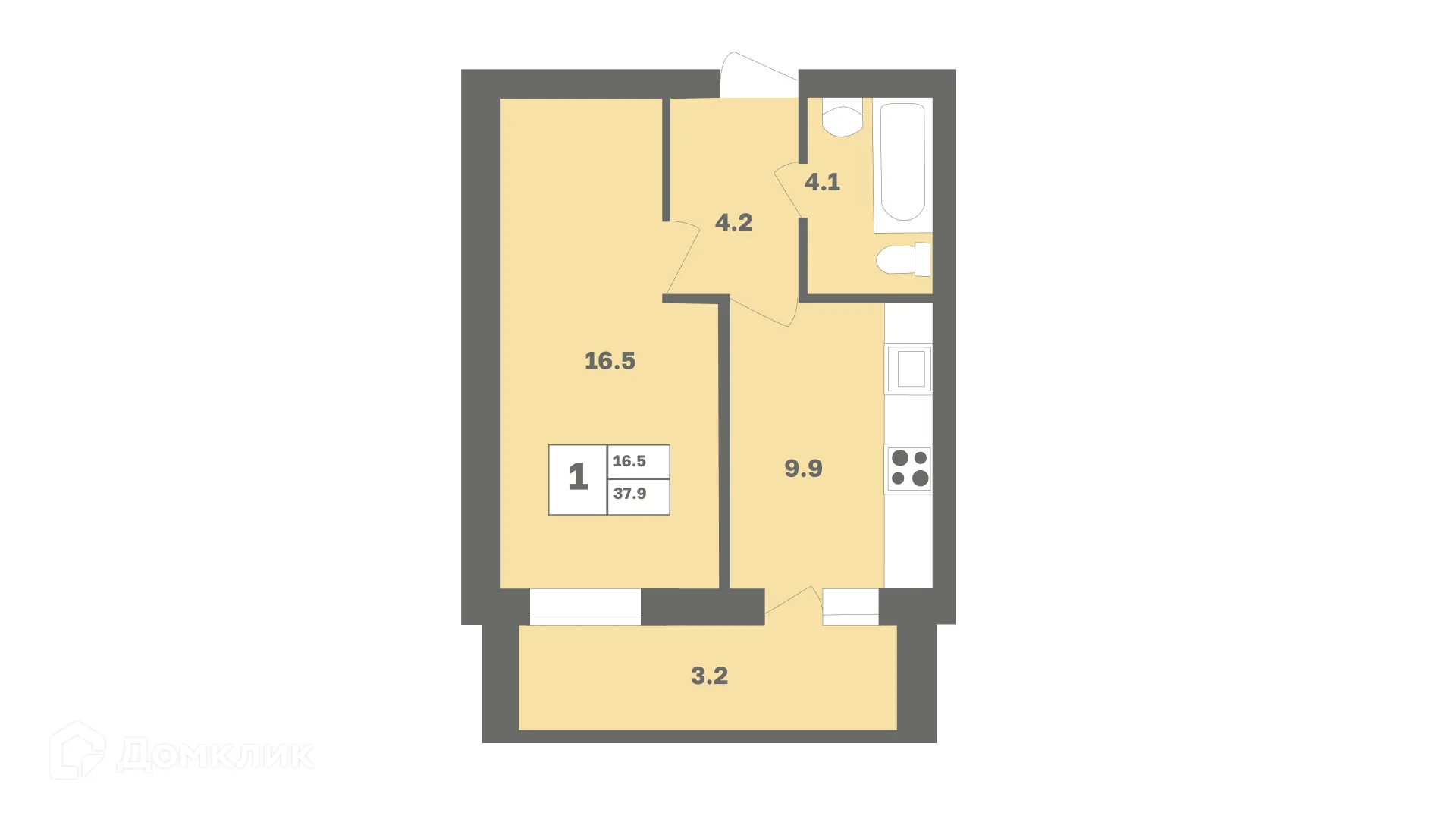 Планировка 1-комнатной квартиры 37.9 м² в ЖК Мечтателей, г. Уфа — фото 1