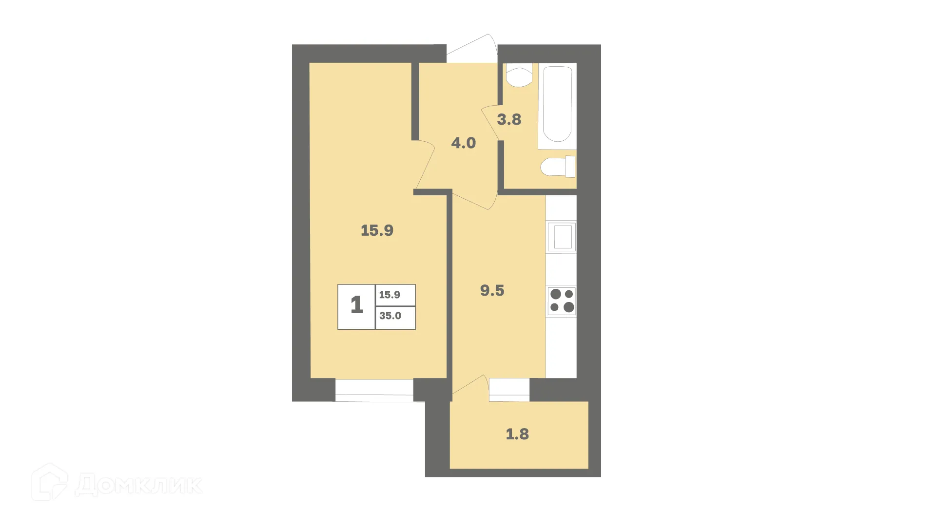 Планировка 1-комнатной квартиры 35 м² в ЖК Мечтателей, г. Уфа — фото 1