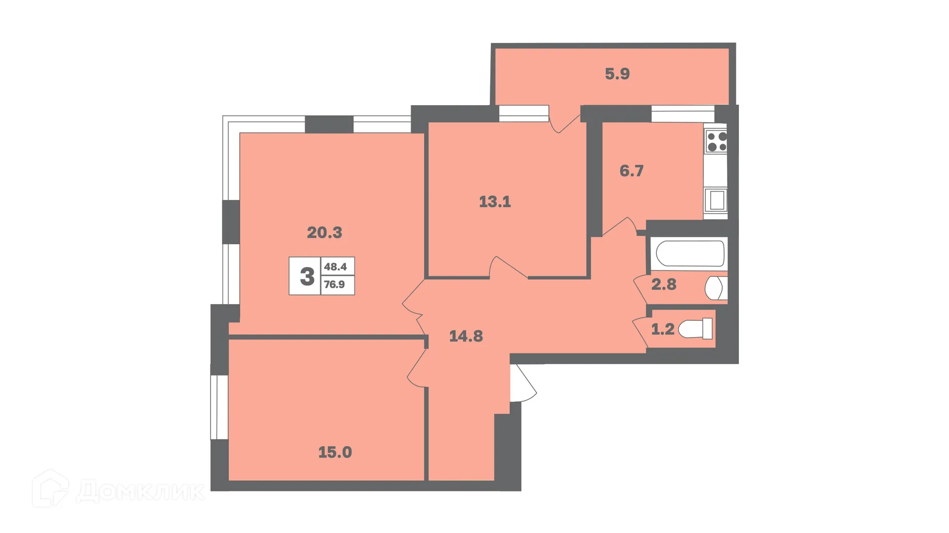 Планировка 3-комнатной квартиры 76.9 м² в ЖК Мечтателей, г. Уфа — фото 1