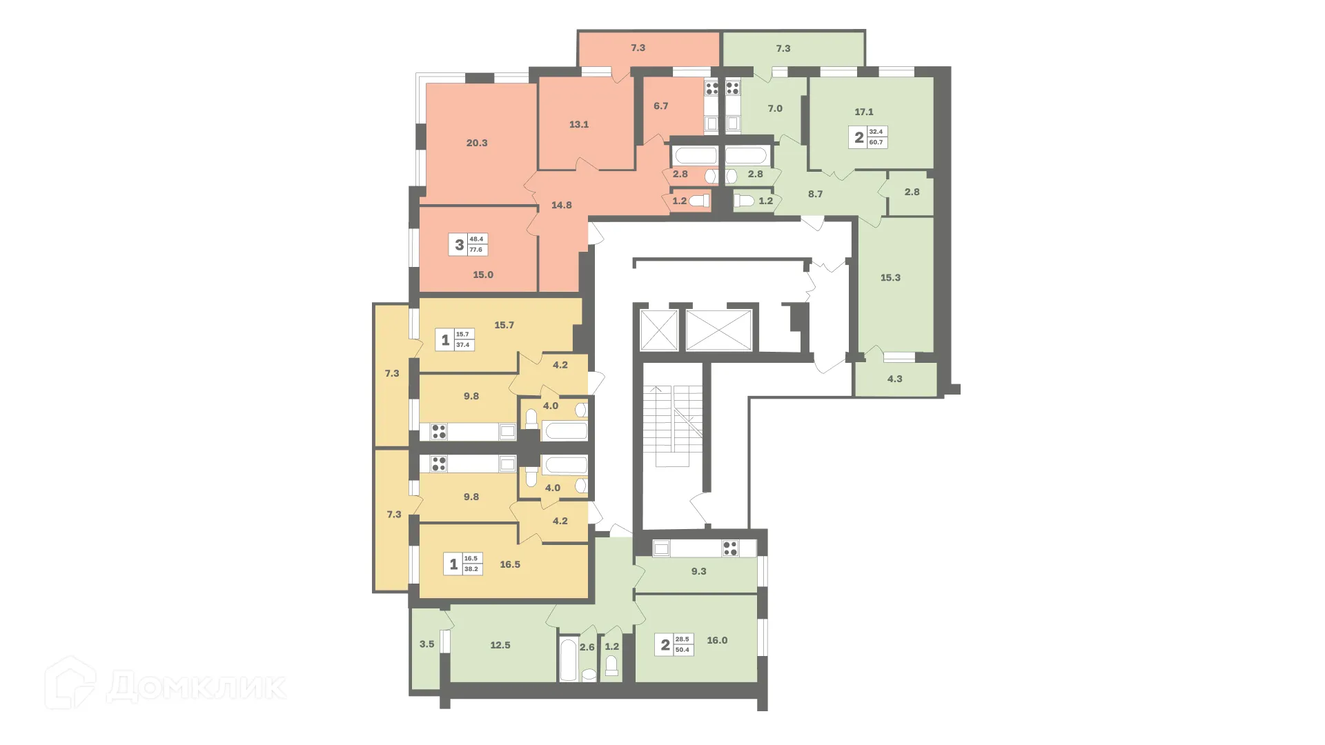 Планировка 3-комнатной квартиры 77.6 м² в ЖК Мечтателей, г. Уфа — фото 2