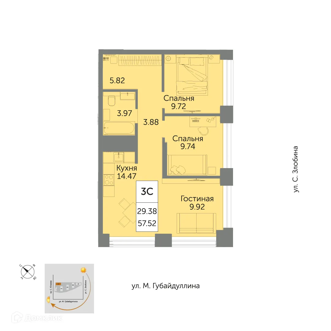 Планировка 3-комнатной квартиры 57.52 м² в ЖК URBANIСA (Урбаника), г. Уфа — фото 1