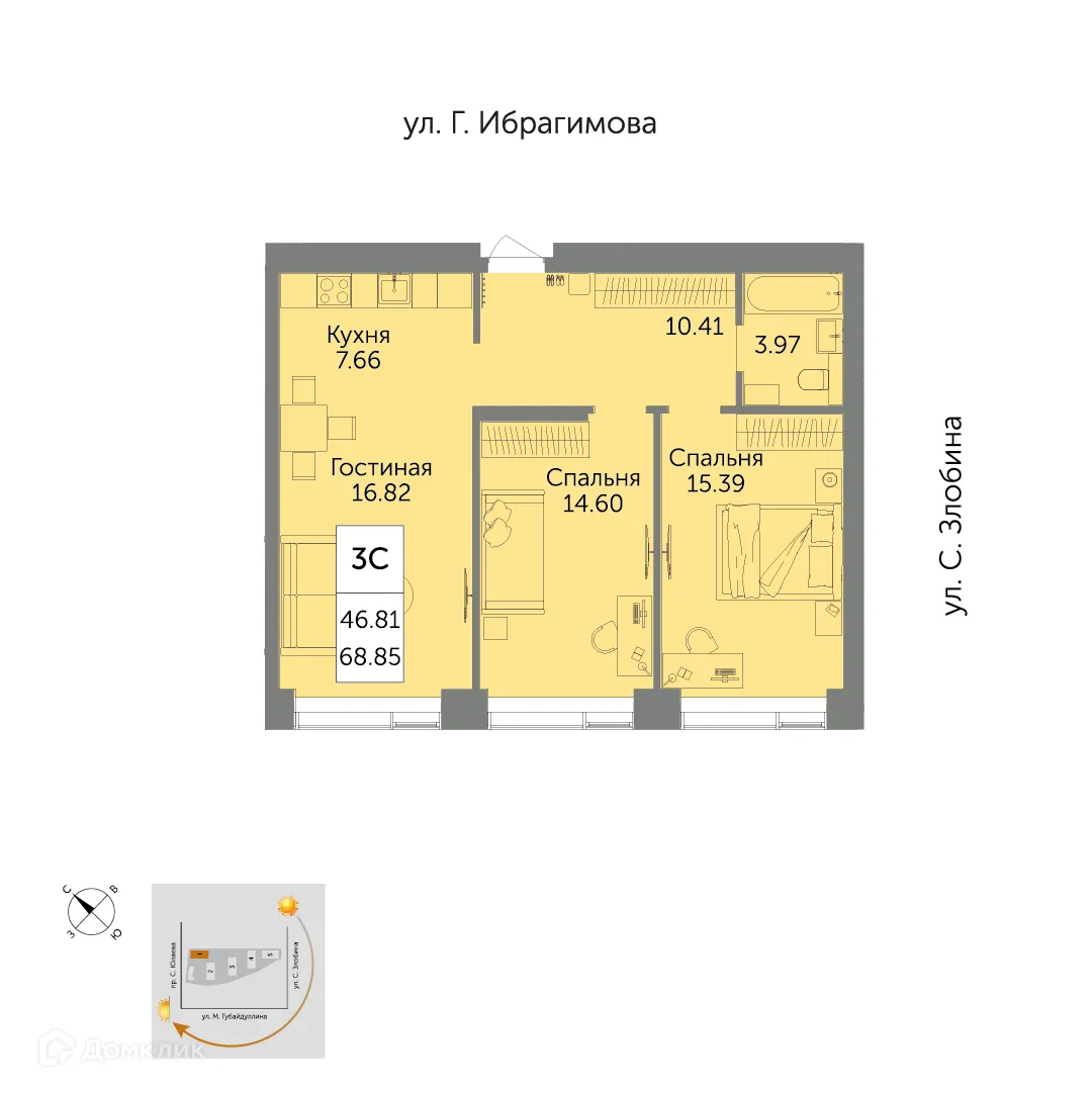 Планировка 3-комнатной квартиры 68.85 м² в ЖК URBANIСA (Урбаника), г. Уфа — фото 1