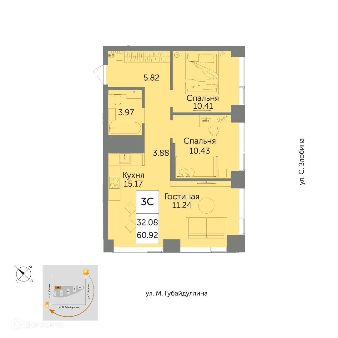 Планировка 3-комнатной квартиры 60.92 м² в ЖК URBANIСA (Урбаника), г. Уфа — фото 1