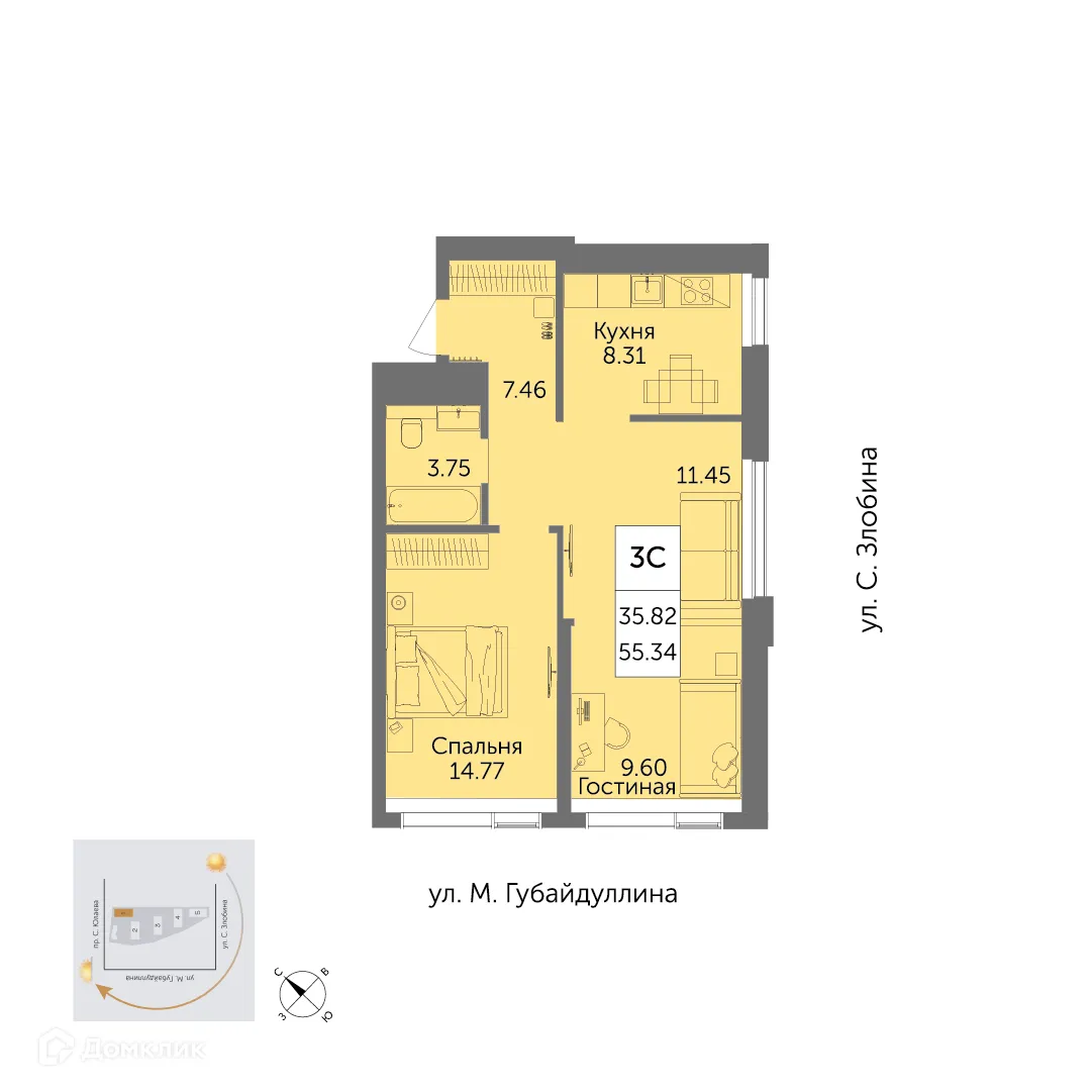 Планировка 3-комнатной квартиры 55.34 м² в ЖК URBANIСA (Урбаника), г. Уфа — фото 1