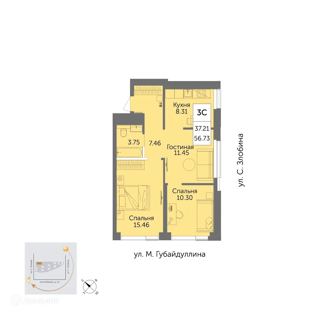 Планировка 3-комнатной квартиры 56.73 м² в ЖК URBANIСA (Урбаника), г. Уфа — фото 1