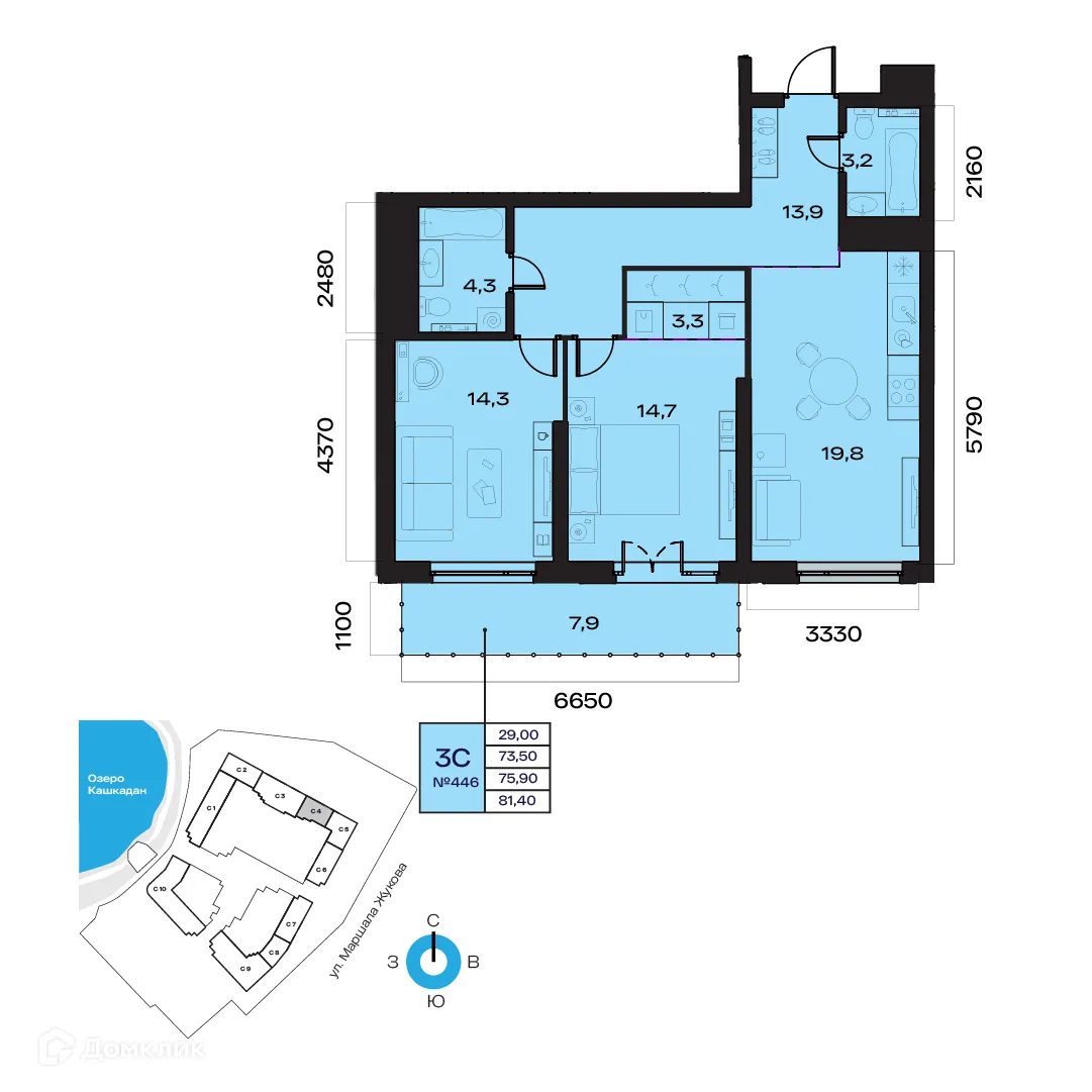 Планировка студии квартиры 75.9 м² в ЖК Atlantis (Атлантис), г. Уфа — фото 1