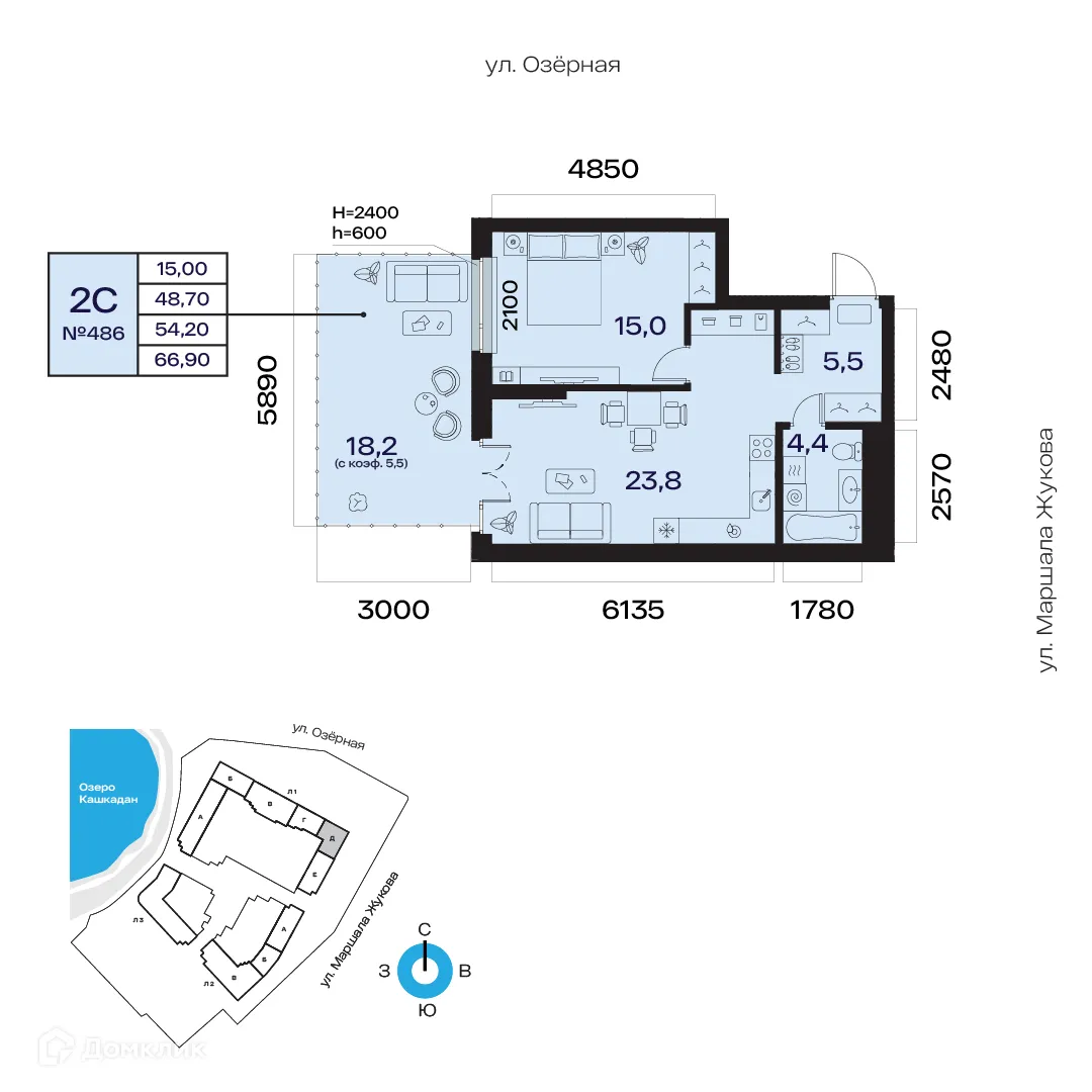 Планировка студии квартиры 54.2 м² в ЖК Atlantis (Атлантис), г. Уфа — фото 1