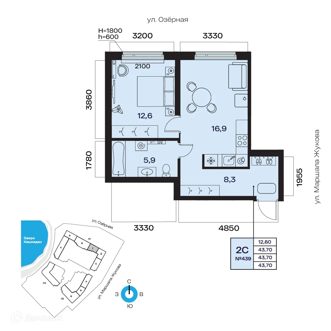 Планировка студии квартиры 43.7 м² в ЖК Atlantis (Атлантис), г. Уфа — фото 1