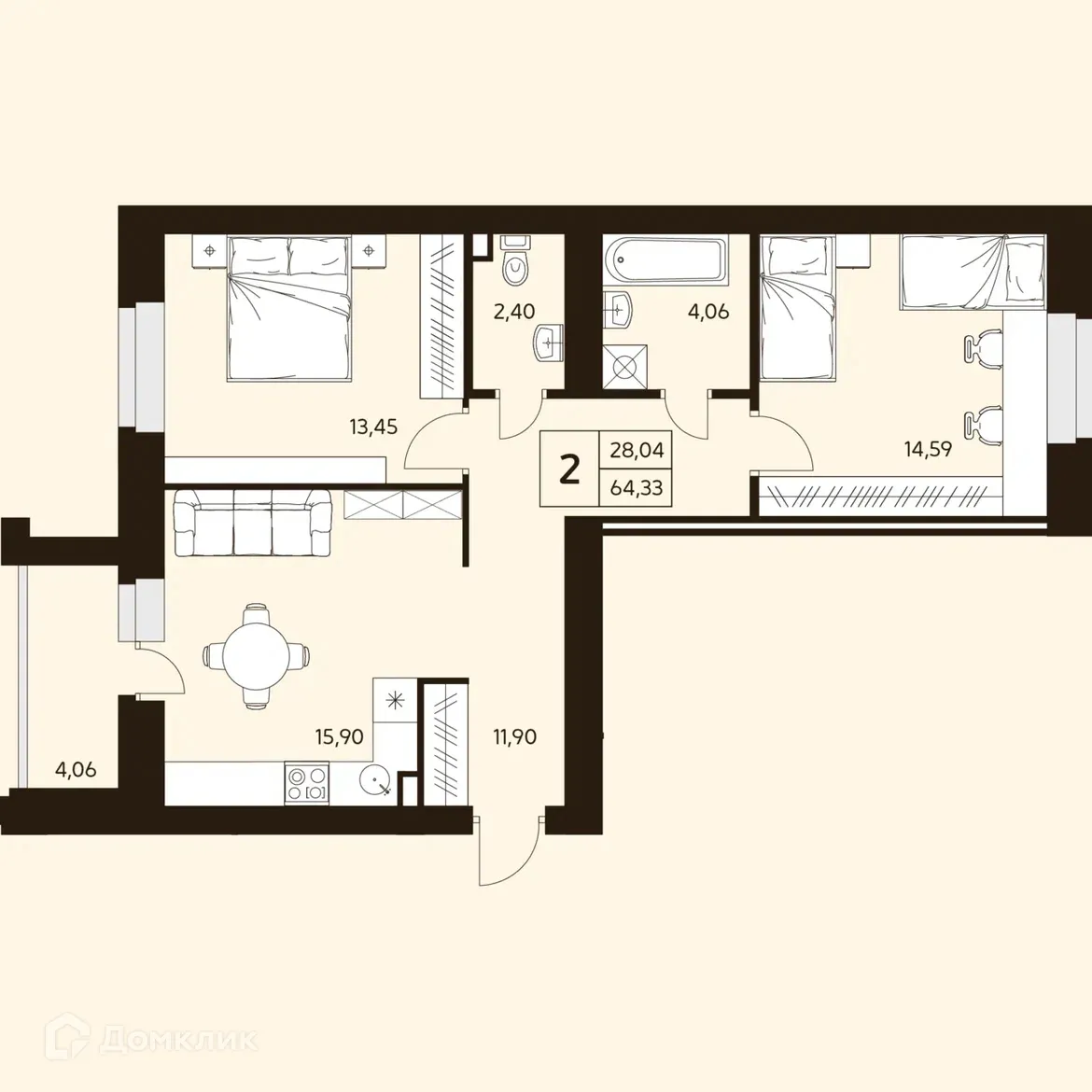 Планировка 2-комнатной квартиры 64.33 м² в ЖК MATUR (МАТУР), г. Уфа — фото 1