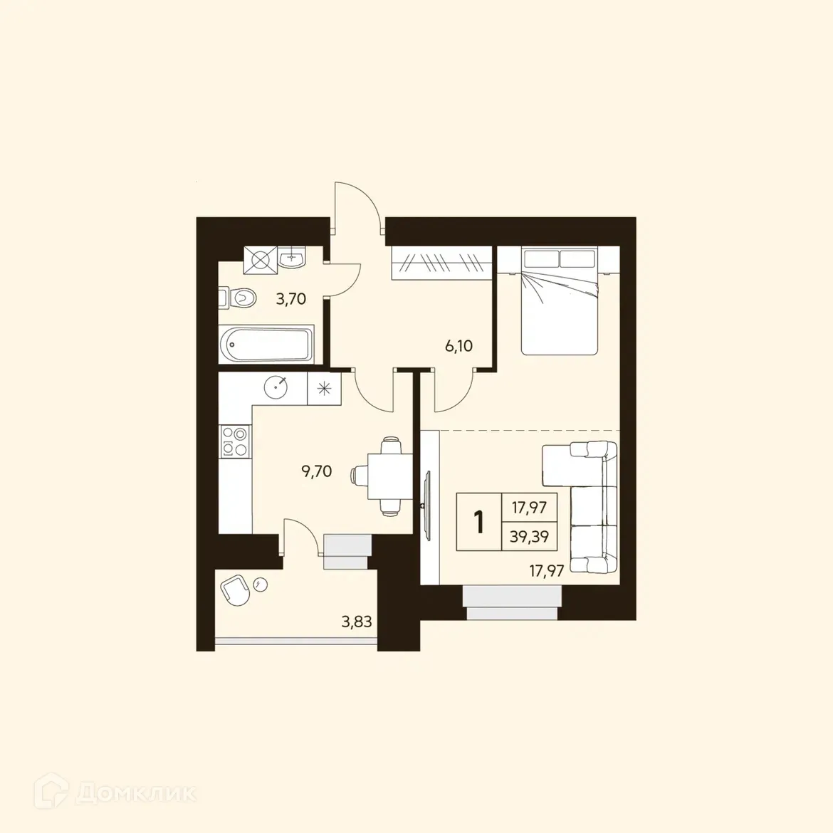Планировка 1-комнатной квартиры 39.39 м² в ЖК MATUR (МАТУР), г. Уфа — фото 1