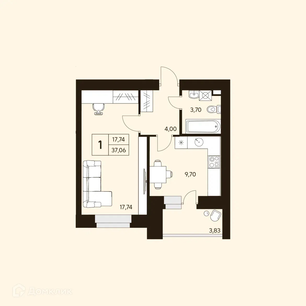 Планировка 1-комнатной квартиры 37.06 м² в ЖК MATUR (МАТУР), г. Уфа — фото 1