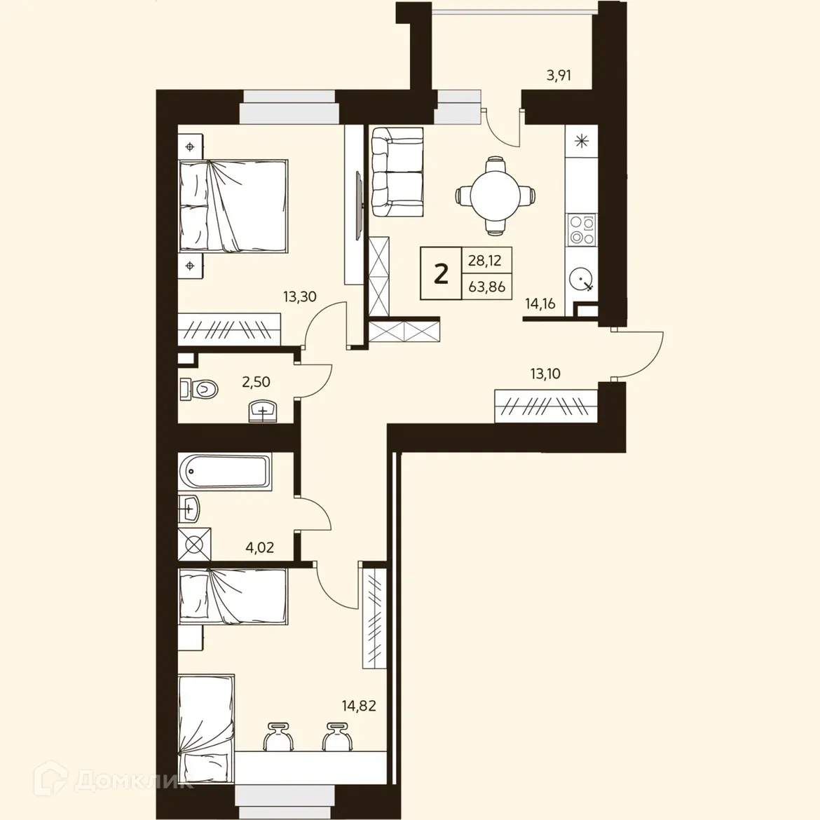 Планировка 2-комнатной квартиры 63.86 м² в ЖК MATUR (МАТУР), г. Уфа — фото 1