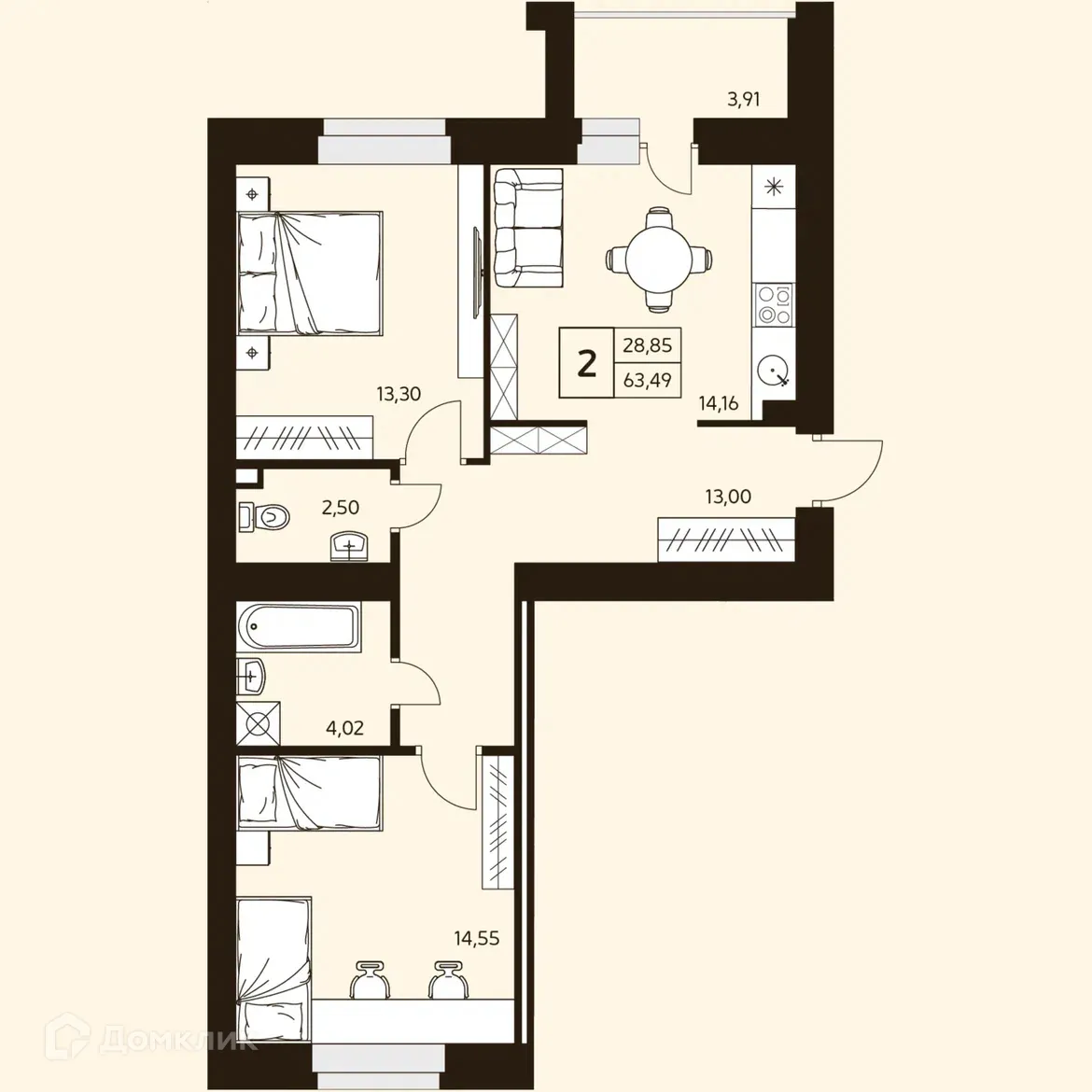Планировка 2-комнатной квартиры 63.49 м² в ЖК MATUR (МАТУР), г. Уфа — фото 1