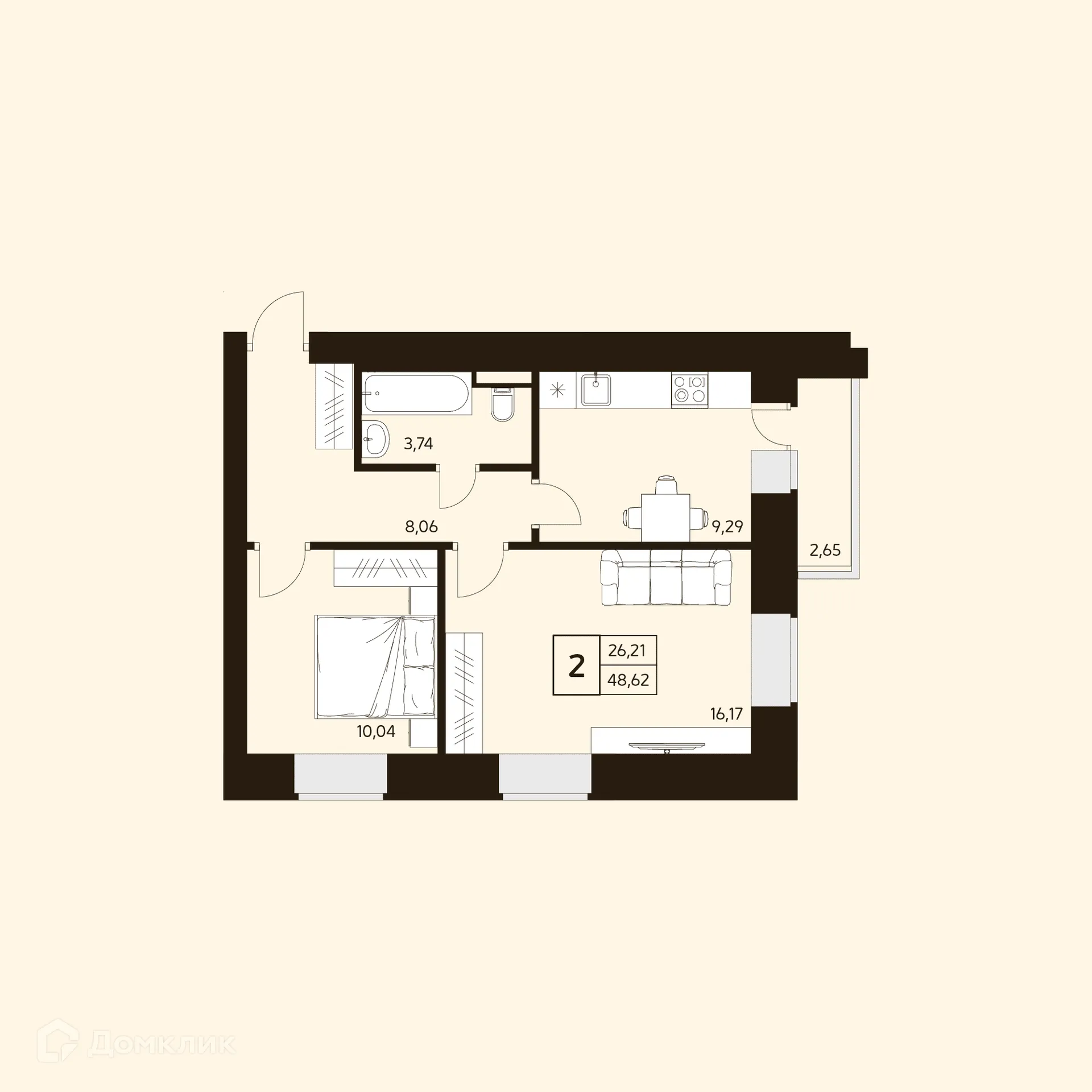 Планировка 2-комнатной квартиры 48.62 м² в ЖК MATUR (МАТУР), г. Уфа — фото 1