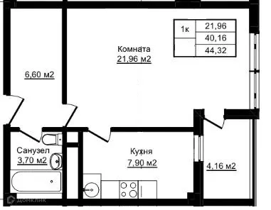 Планировка 1-комнатной квартиры 44.32 м² в ЖК Южный парк, г. Сочи — фото 1