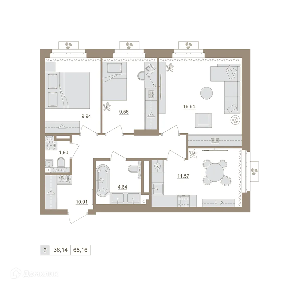 Планировка 3-комнатной квартиры 65.16 м² в ЖК Экогород "Яркий", г. Уфа — фото 1