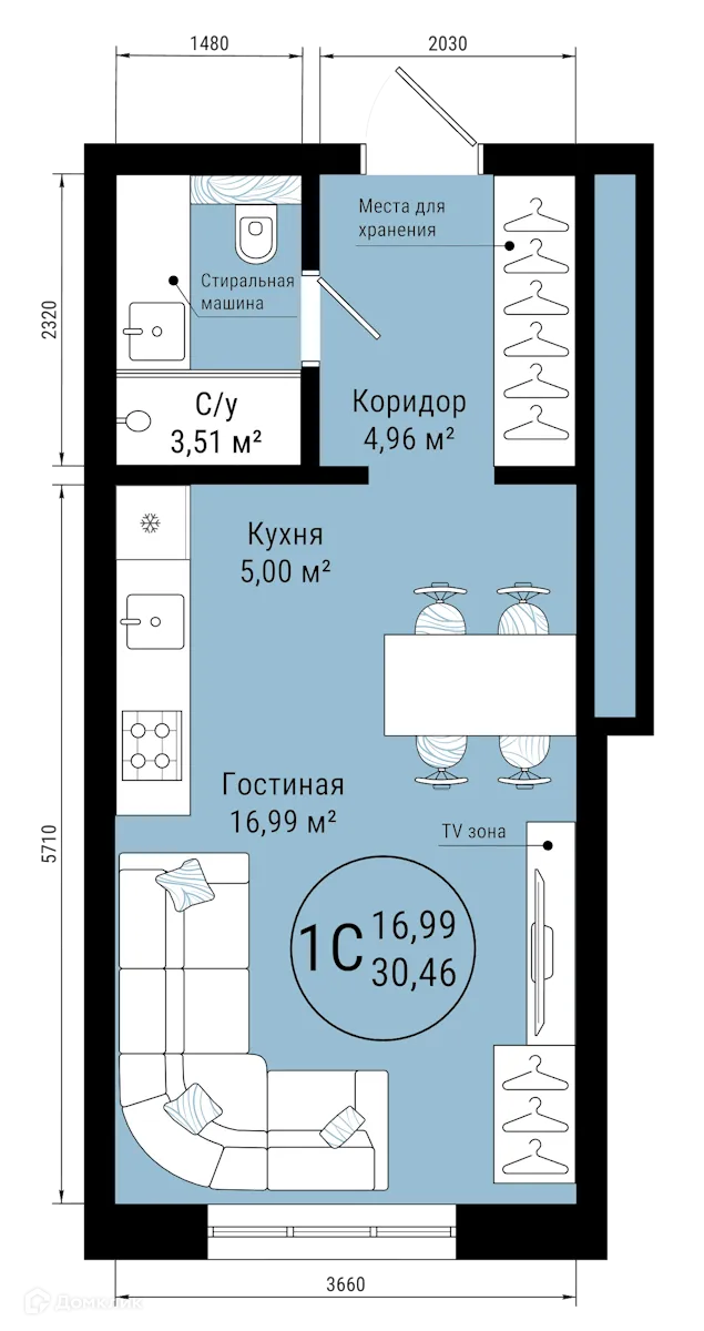 Планировка 1-комнатной квартиры 30.46 м² в ЖК VETER (Ветер), г. Уфа — фото 1