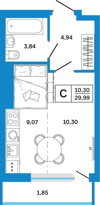 Планировка студии квартиры 29.99 м² в ЖК Некрасовский, г. Уфа — фото 1