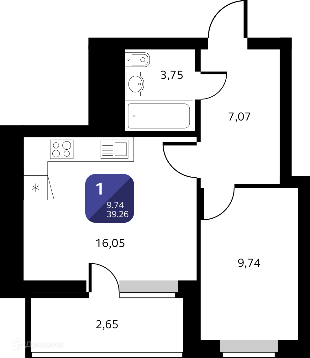 Планировка 1-комнатной квартиры 39.26 м² в ЖК Черника, г. Уфа — фото 1