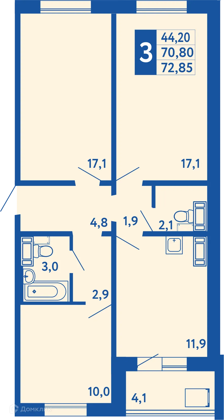 Планировка 3-комнатной квартиры 72.85 м² в ЖК "Новая Дема", г. Уфа — фото 1