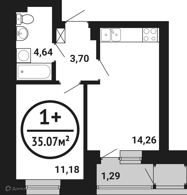 Планировка 1-комнатной квартиры 35.07 м² в ЖК Цветы Башкирии, г. Уфа — фото 1
