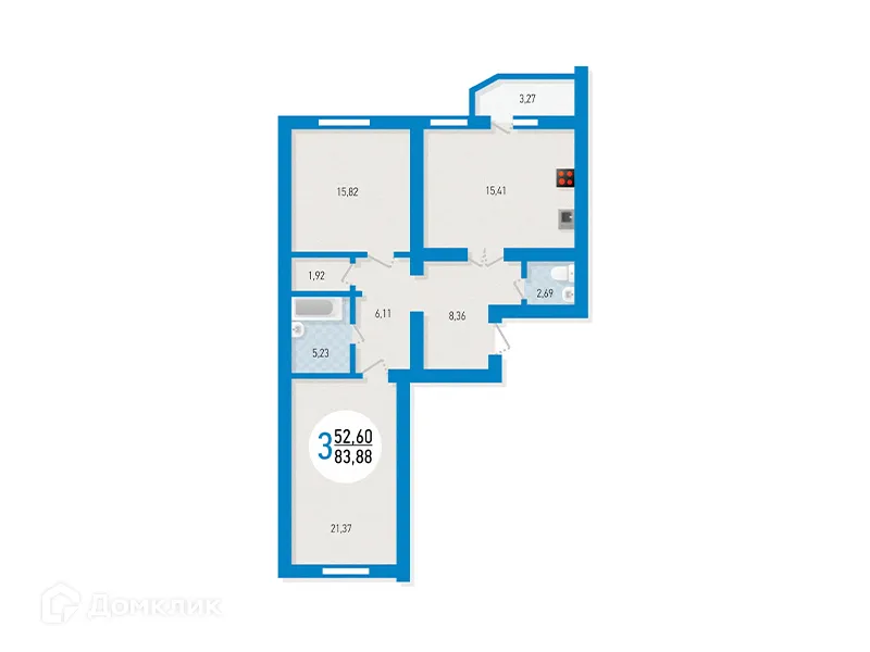 Планировка 3-комнатной квартиры 83.88 м² в ЖК "Меридиан", г. Уфа — фото 1