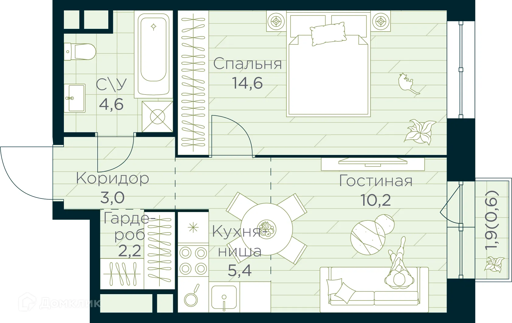 Планировка 2-комнатной квартиры 40.6 м² в ЖК URMAN Сity (Урман Сити), г. Уфа — фото 1