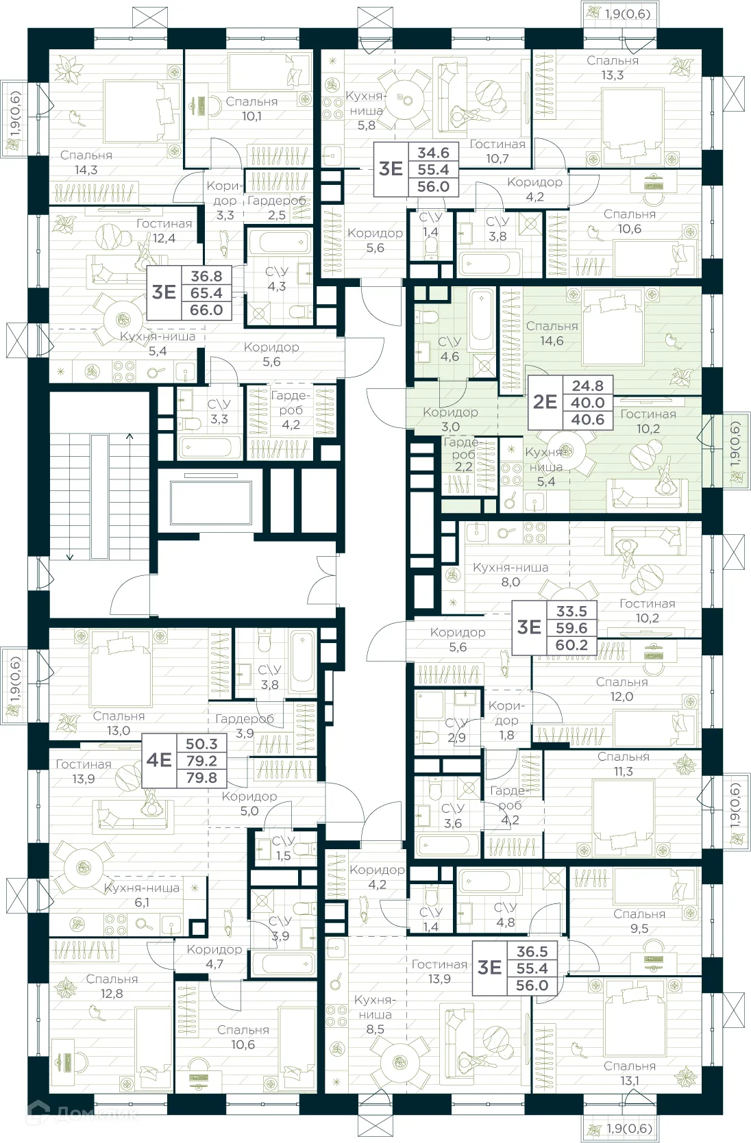 Планировка 2-комнатной квартиры 40.6 м² в ЖК URMAN Сity (Урман Сити), г. Уфа — фото 2