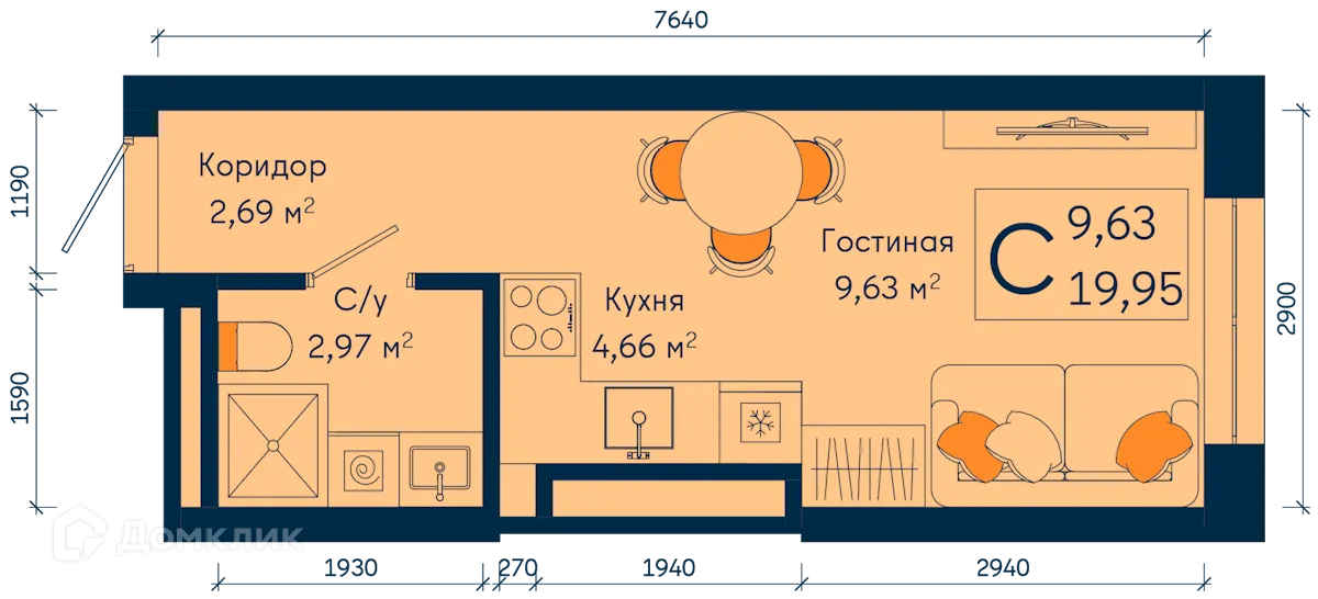 Планировка студии квартиры 19.95 м² в ЖК РИВЕР, г. Уфа — фото 1