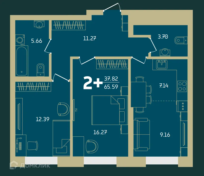 Планировка 2-комнатной квартиры 65.59 м² в Централ парк, г. Уфа — фото 1