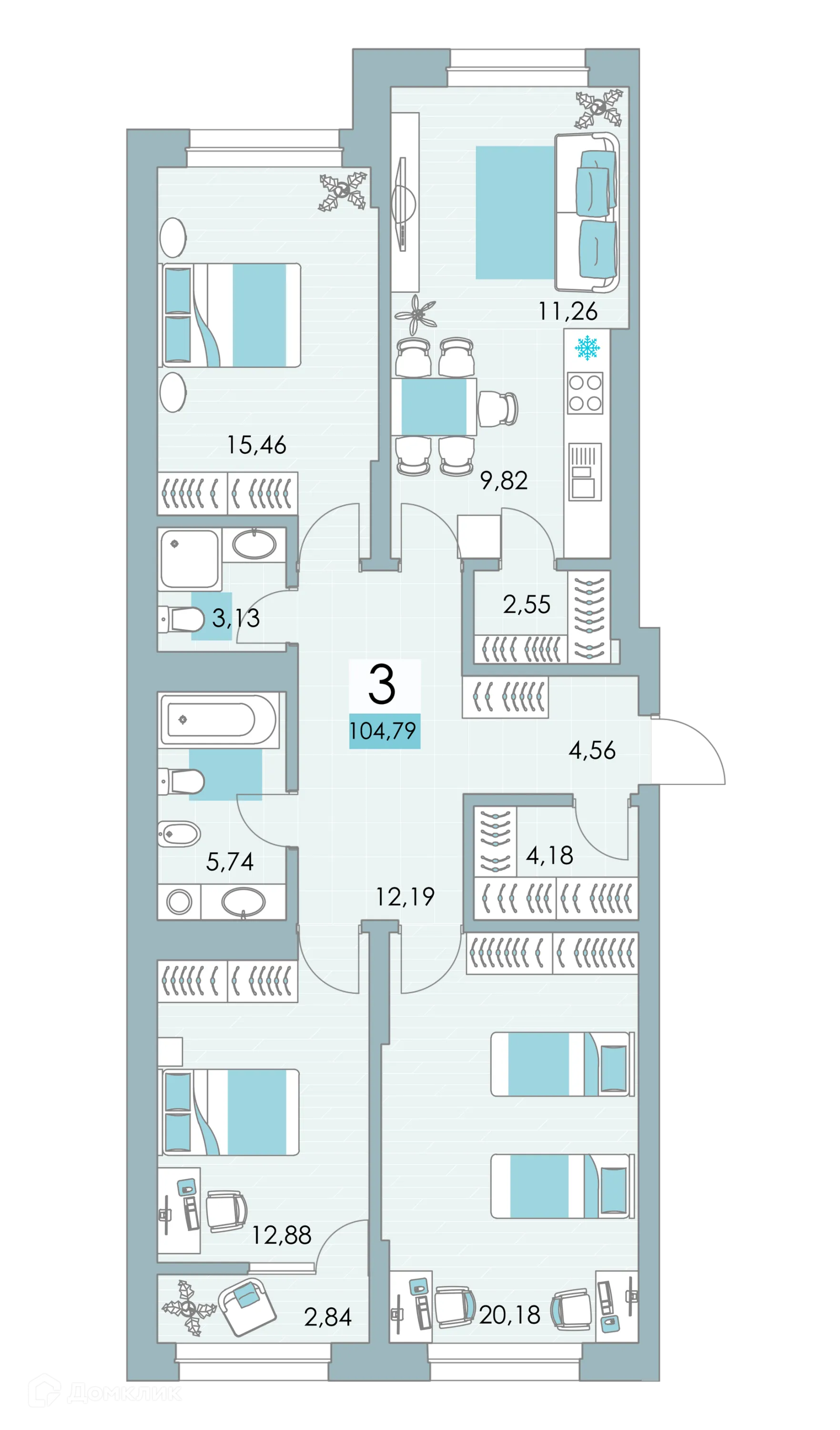 Планировка 3-комнатной квартиры 104.4 м² в ЖК Квартал Самоцветы, г. Уфа — фото 1
