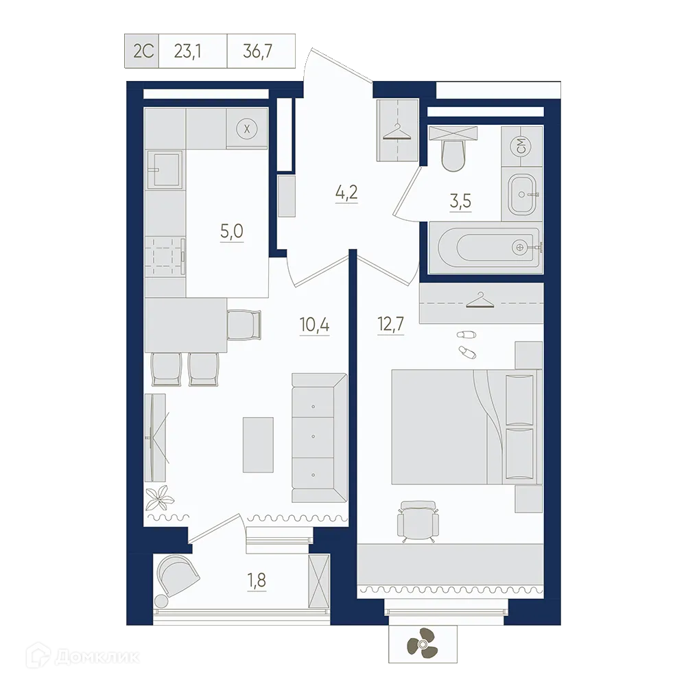 Планировка 2-комнатной квартиры 36.7 м² в ЖК Экогород "Яркий", г. Уфа — фото 1