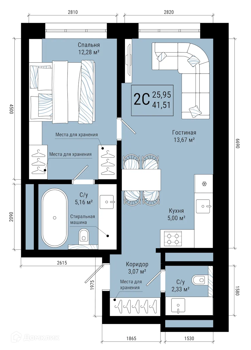 Планировка 2-комнатной квартиры 41.51 м² в ЖК VETER (Ветер), г. Уфа — фото 1