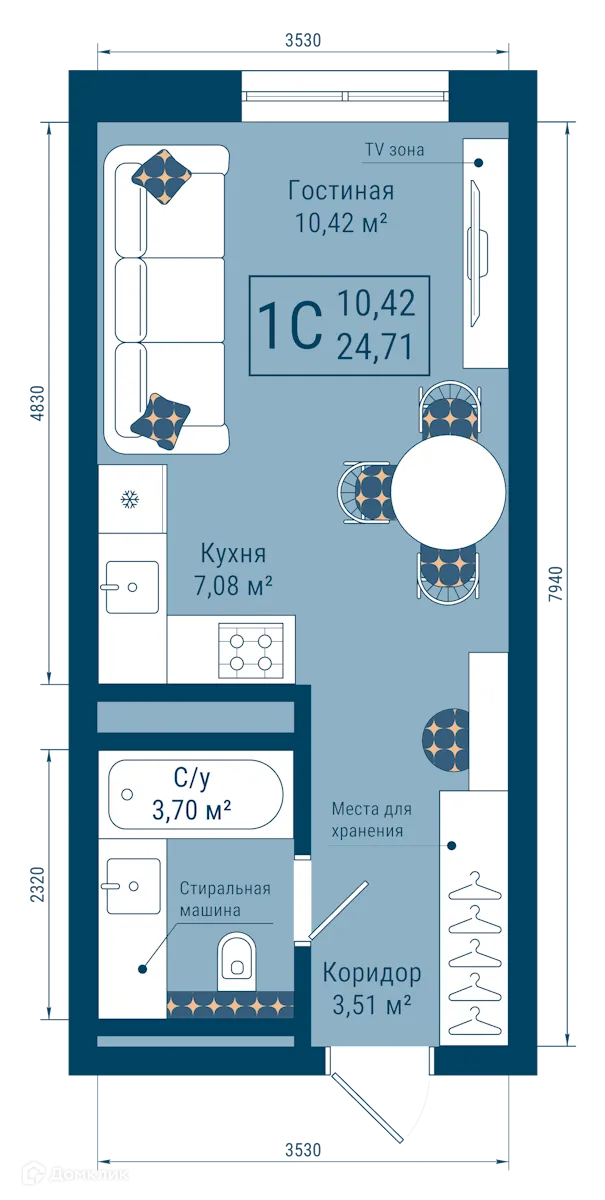 Планировка 1-комнатной квартиры 24.71 м² в ЖК THE SKY (СКАЙ), г. Уфа — фото 1