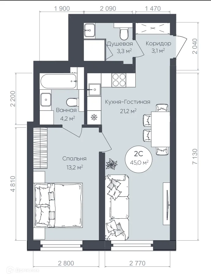 Планировка 2-комнатной квартиры 45 м² в ЖК "Le CRISTAL" (Ле Кристал), г. Уфа — фото 1
