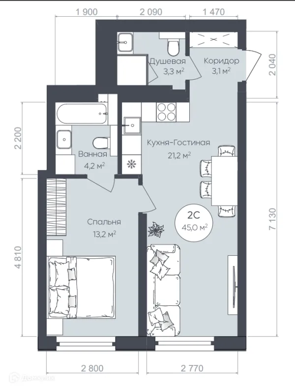 Планировка 2 комн. в ЖК "Le CRISTAL" (Ле Кристал)