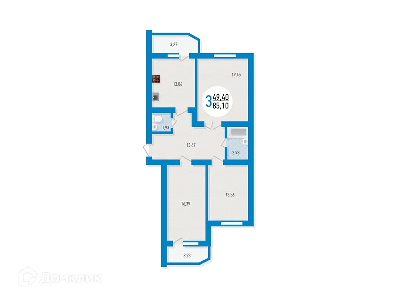 Планировка 3-комнатной квартиры 85.1 м² в ЖК "Меридиан", г. Уфа — фото 1