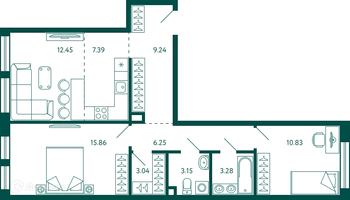 Планировка 2-комнатной квартиры 71.49 м² в ЖК Terle park (Терле Парк), г. Уфа — фото 1