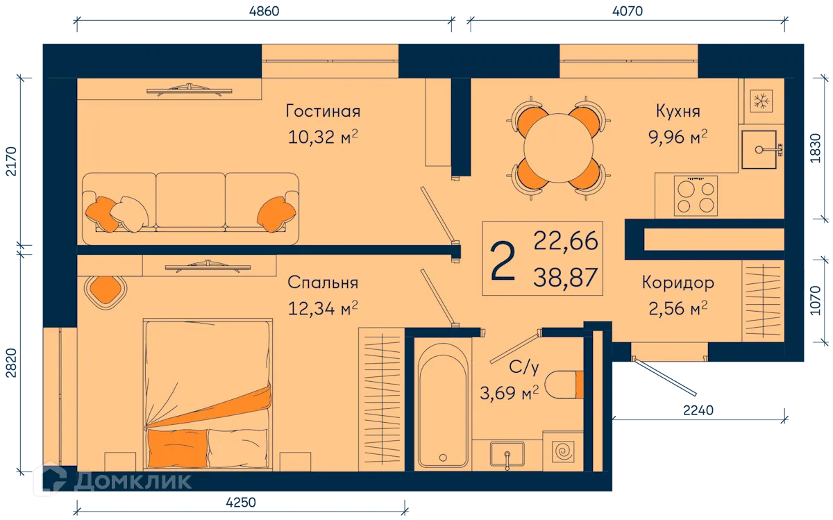 Планировка 2-комнатной квартиры 38.87 м² в ЖК РИВЕР, г. Уфа — фото 1