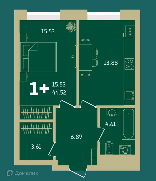 Планировка 1-комнатной квартиры 44.52 м² в Централ парк, г. Уфа — фото 1