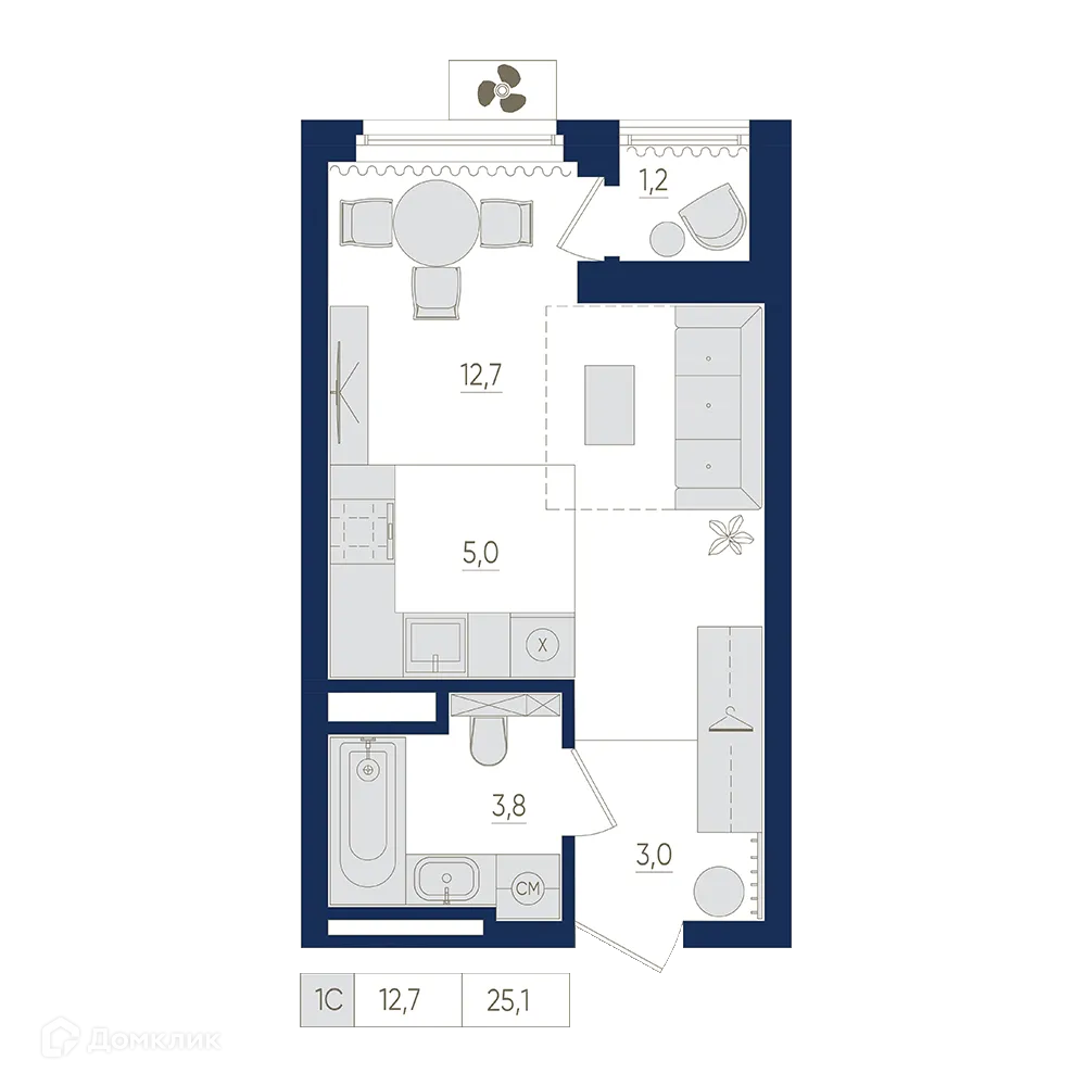 Планировка 1-комнатной квартиры 25.1 м² в ЖК Экогород "Яркий", г. Уфа — фото 1