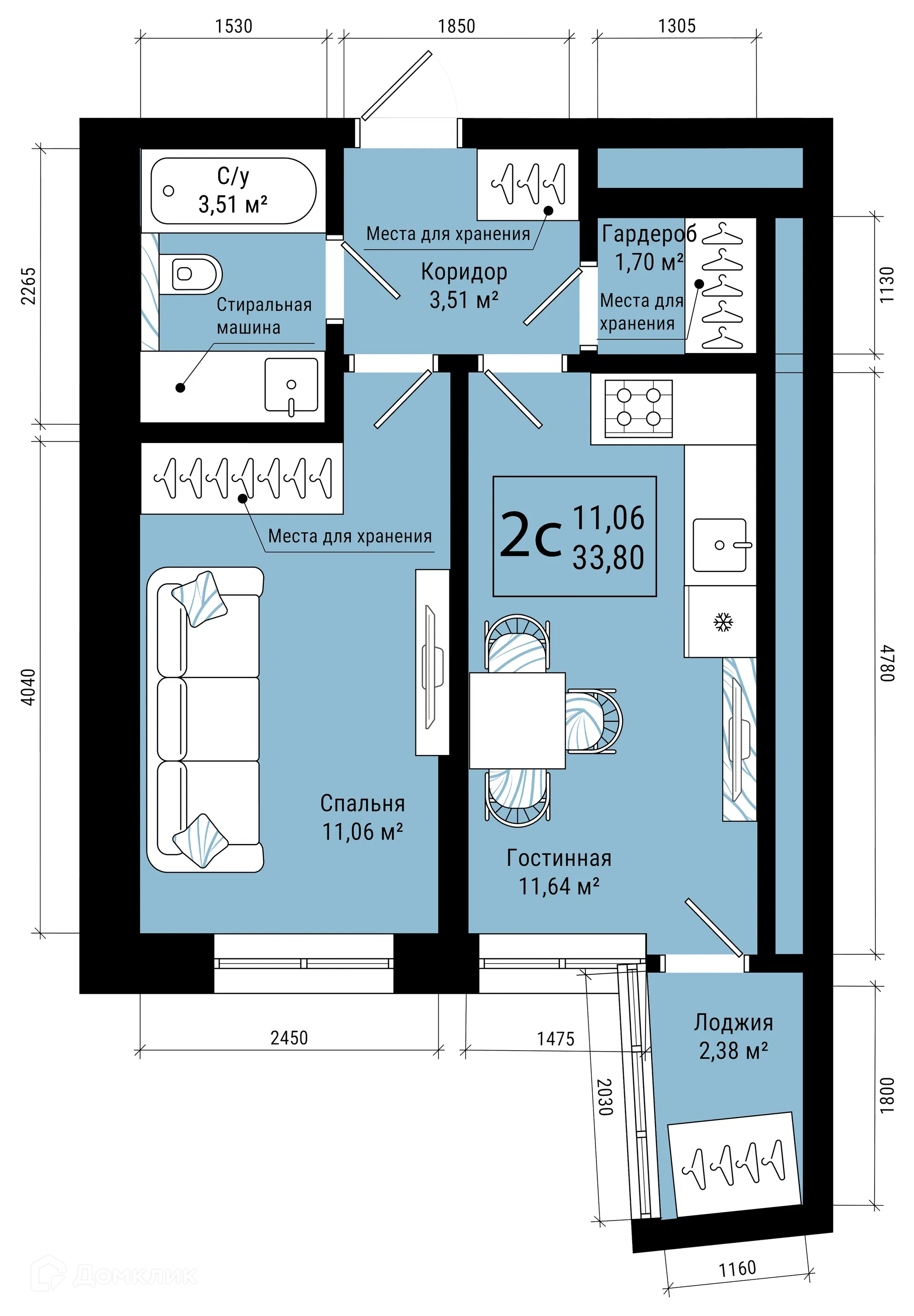 Планировка 2-комнатной квартиры 33.8 м² в ЖК VETER (Ветер), г. Уфа — фото 1