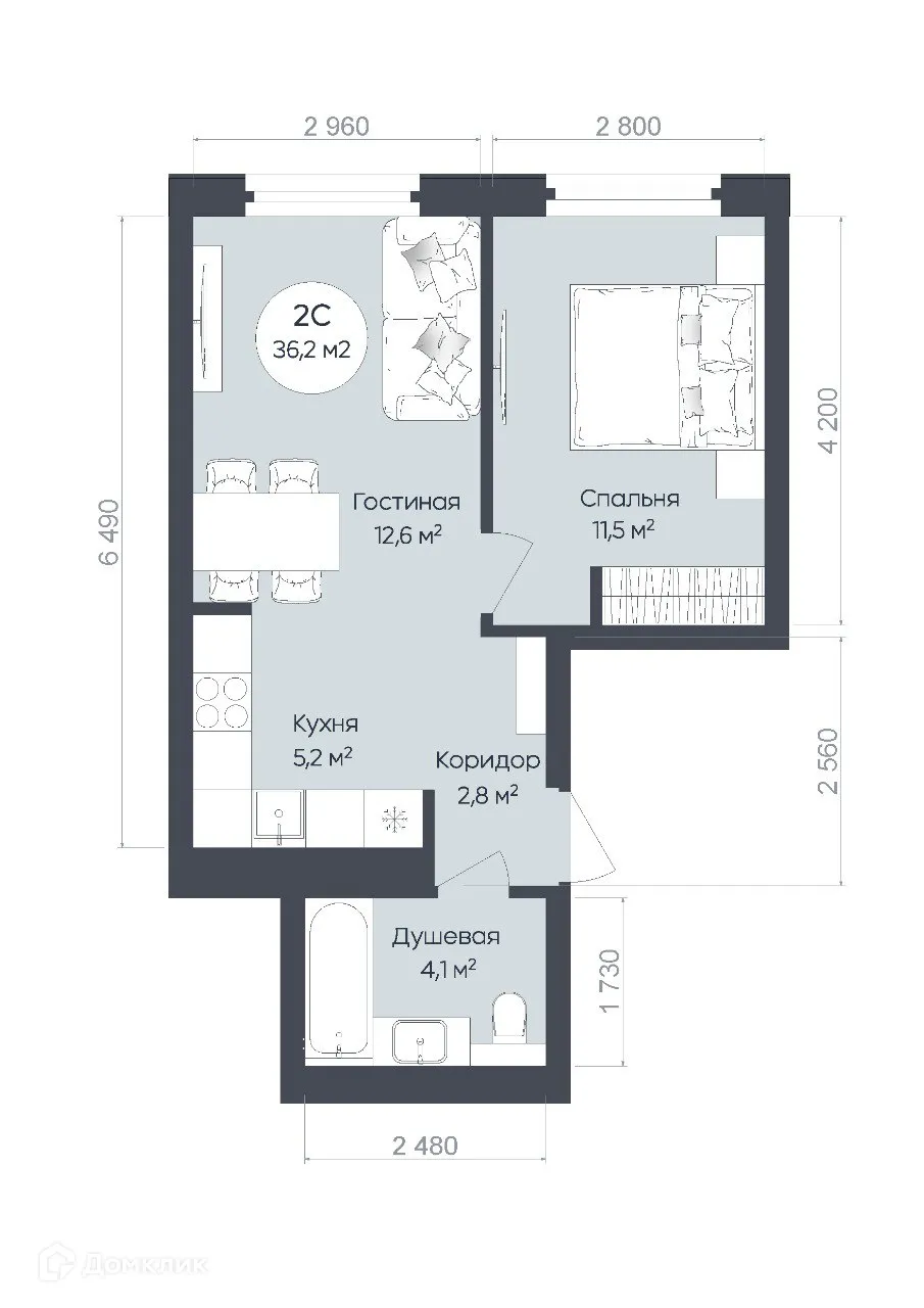 Планировка 2-комнатной квартиры 36.2 м² в ЖК "Le CRISTAL" (Ле Кристал), г. Уфа — фото 1