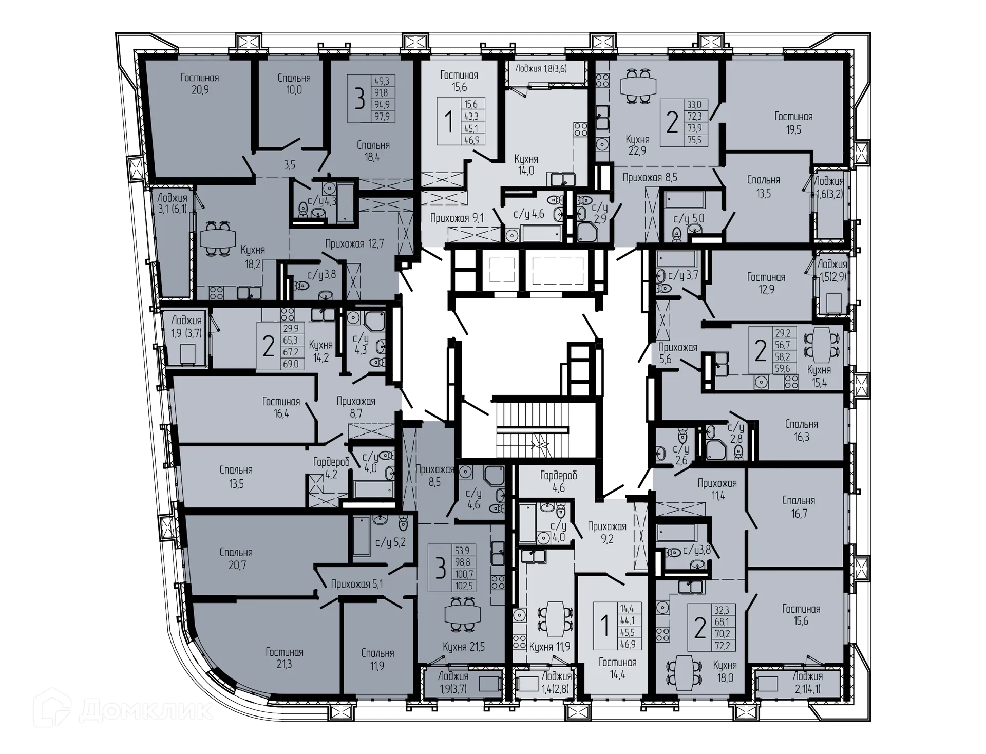 Планировка 3-комнатной квартиры 94.6 м² в ЖК АУРУМ, г. Уфа — фото 2